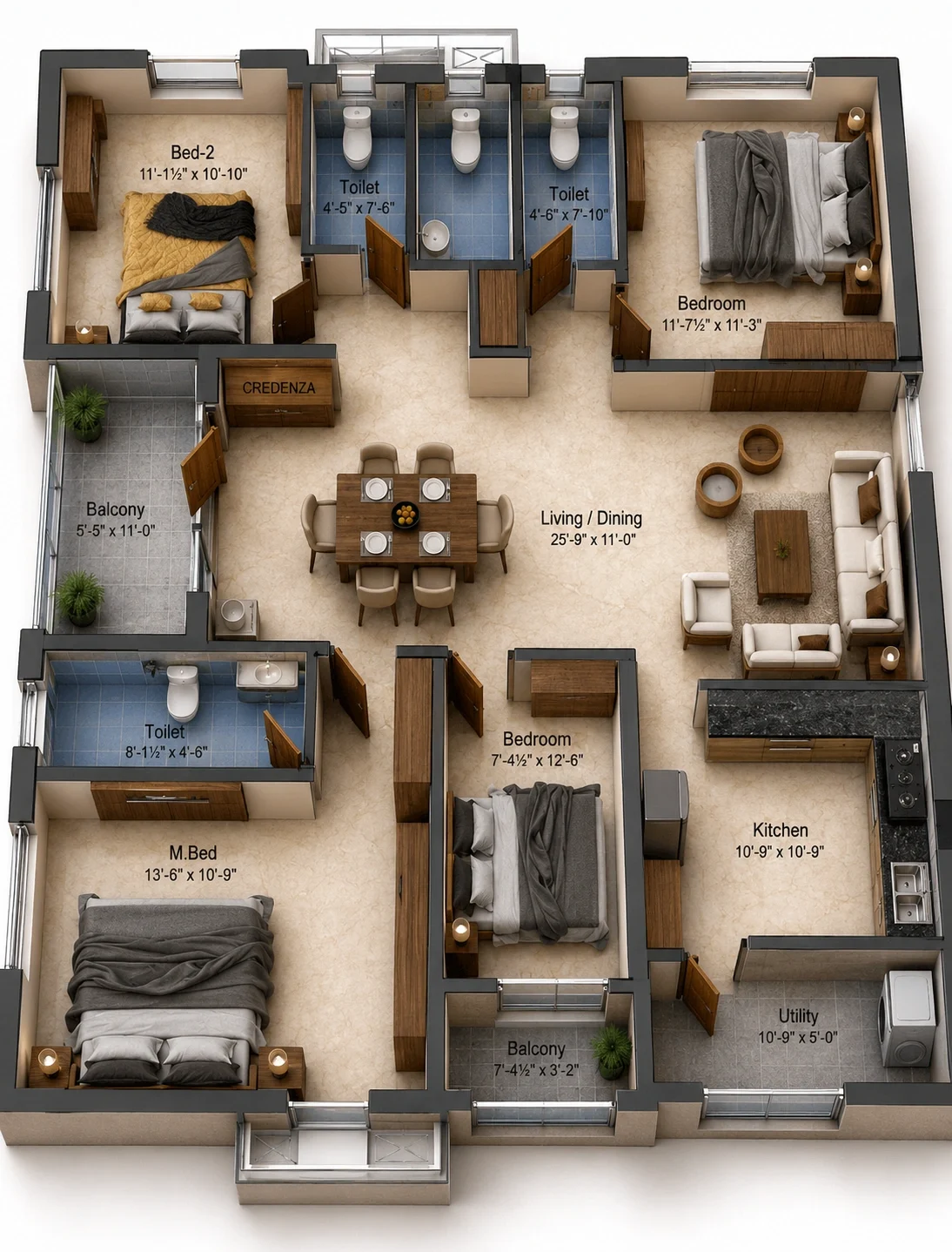 3 BHK Apartment floor plan — Preetha Sivaji Gardens