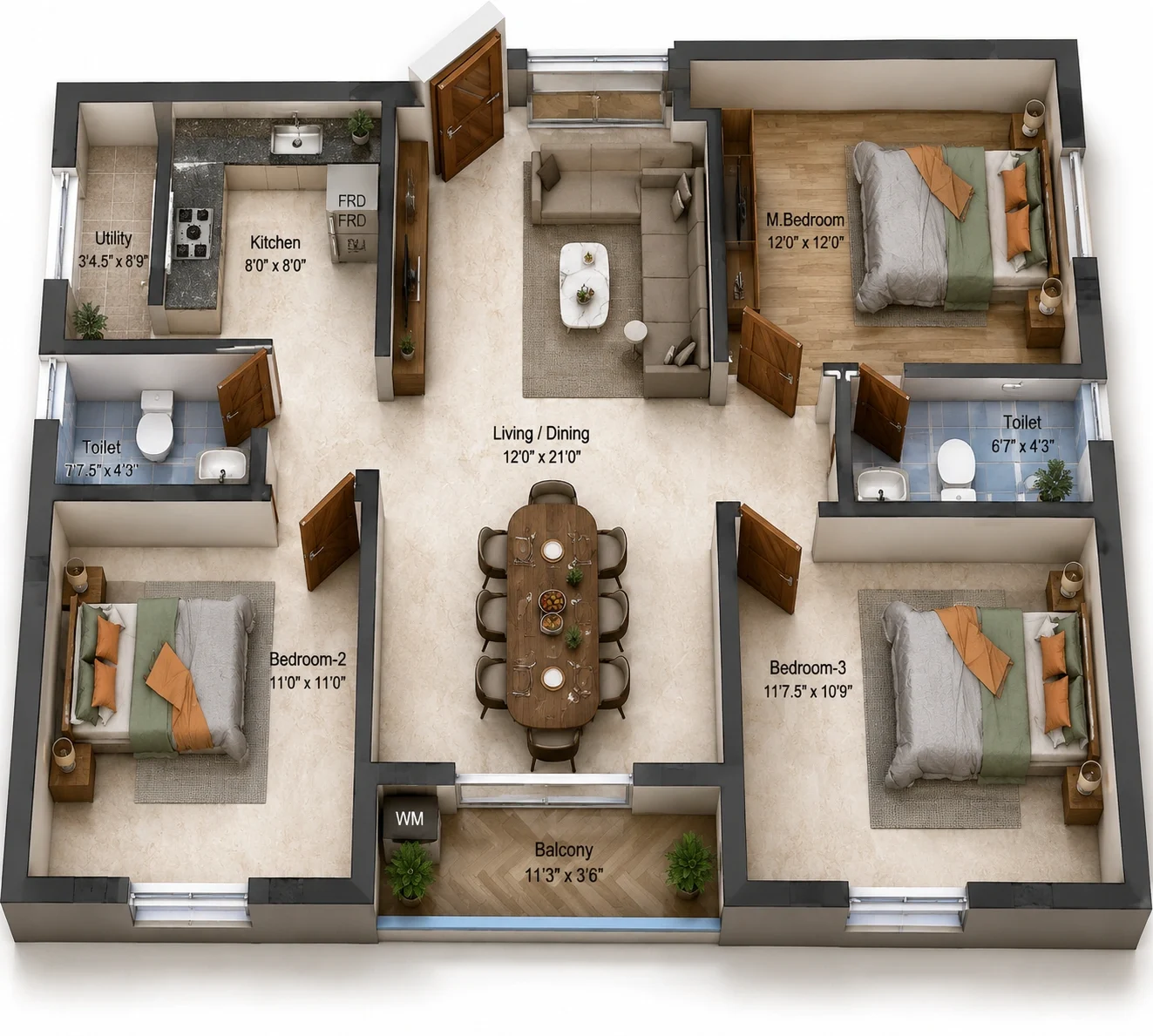 3 BHK Apartment floor plan — Traventure Athulya