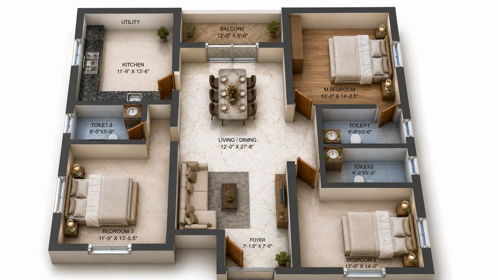3 BHK Apartment floor plan — Traventure Thara