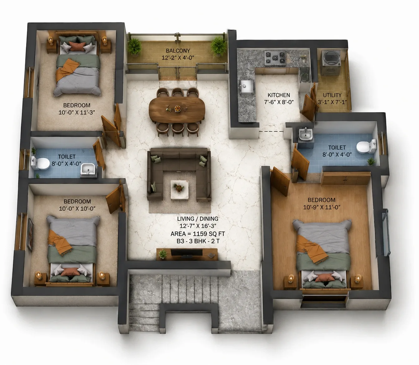3 BHK Apartment floor plan — Traventure Miracle Garden