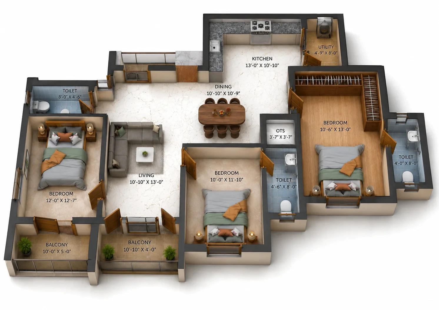 3 BHK Apartment floor plan — Traventure Miracle Garden