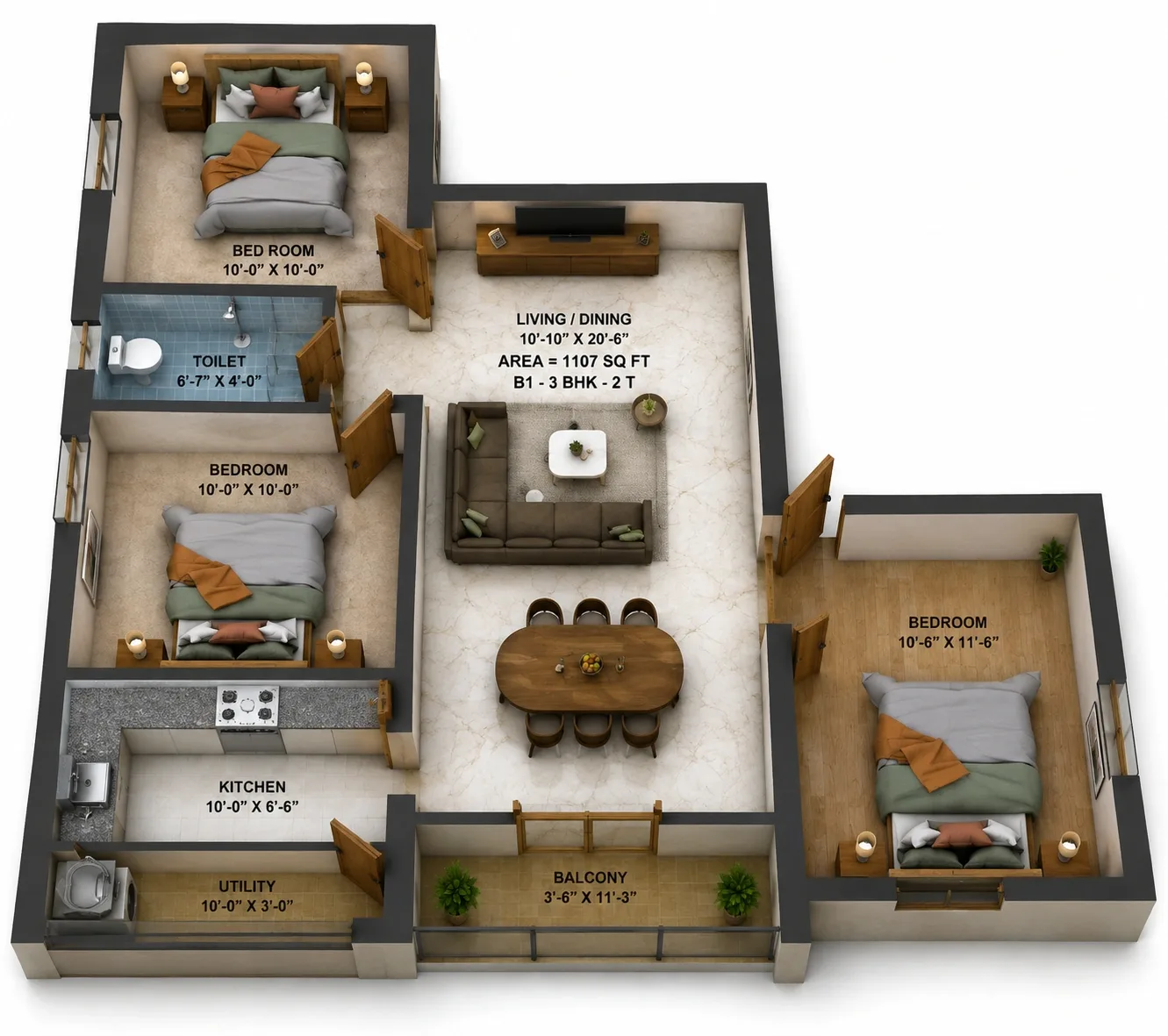 3 BHK Apartment floor plan — Traventure Miracle Garden