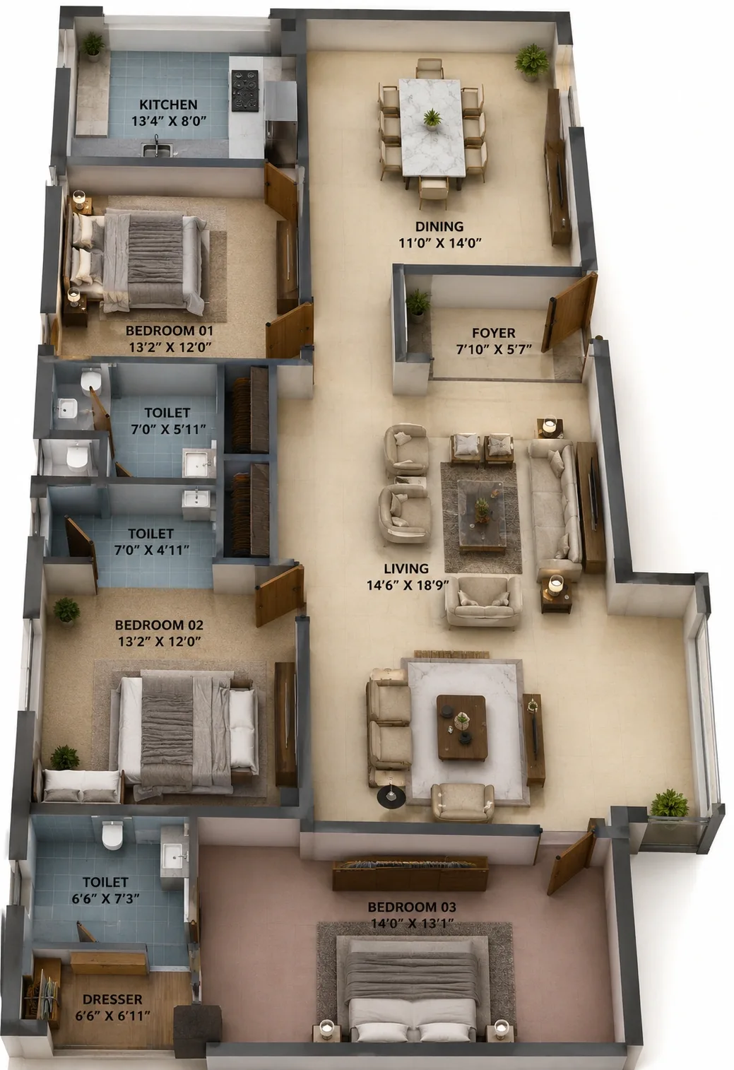 3 BHK Apartment floor plan — SVH Lush