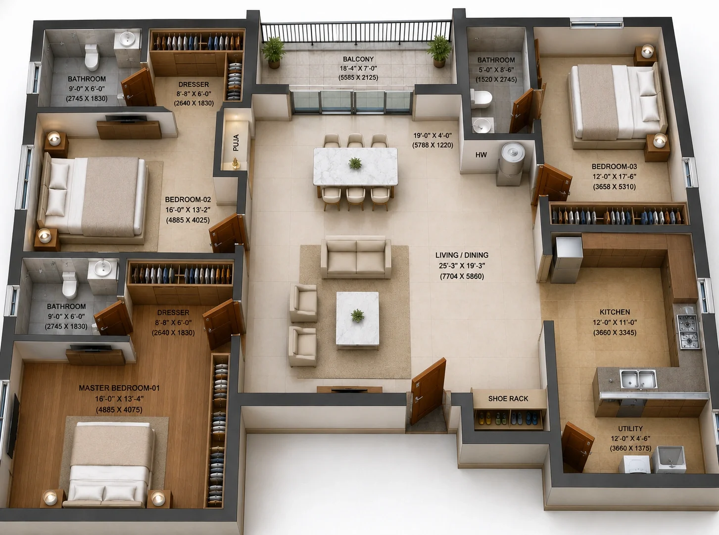 3 BHK Apartment floor plan — SVH Sai Krupa