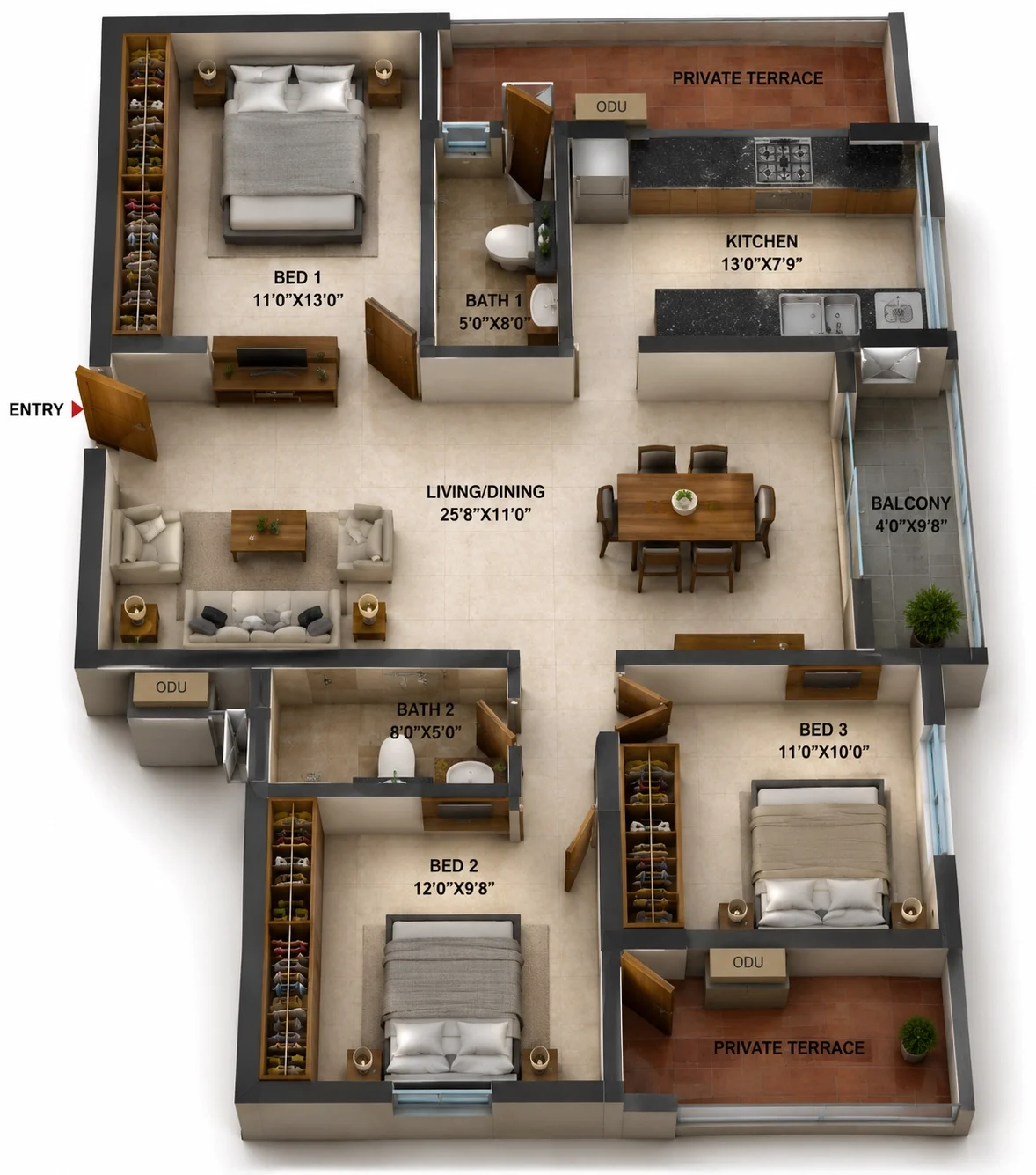 3 BHK Apartment floor plan — Casagrand Southbrooke Phase II