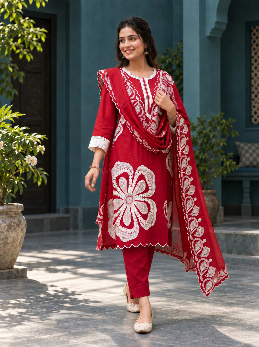 mokshe™ Aira | Maroon 3 Piece Cotton Kurtha Set
