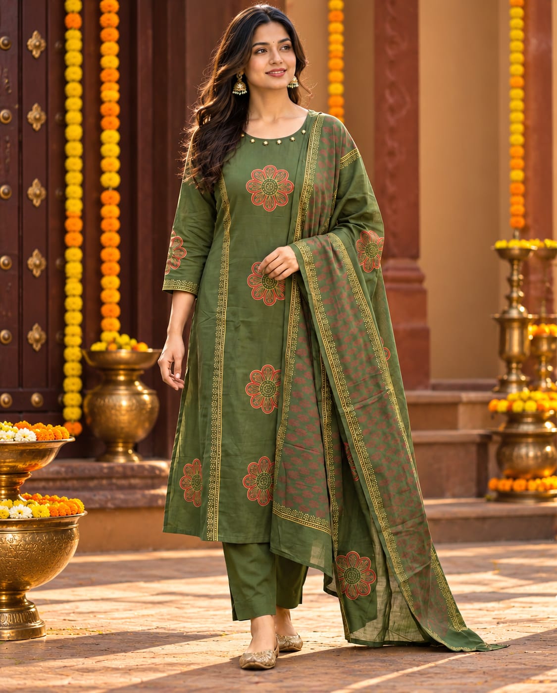 mokshe™ Aira | Premium Cotton Mahendi Green Kurtha 3 Piece Set