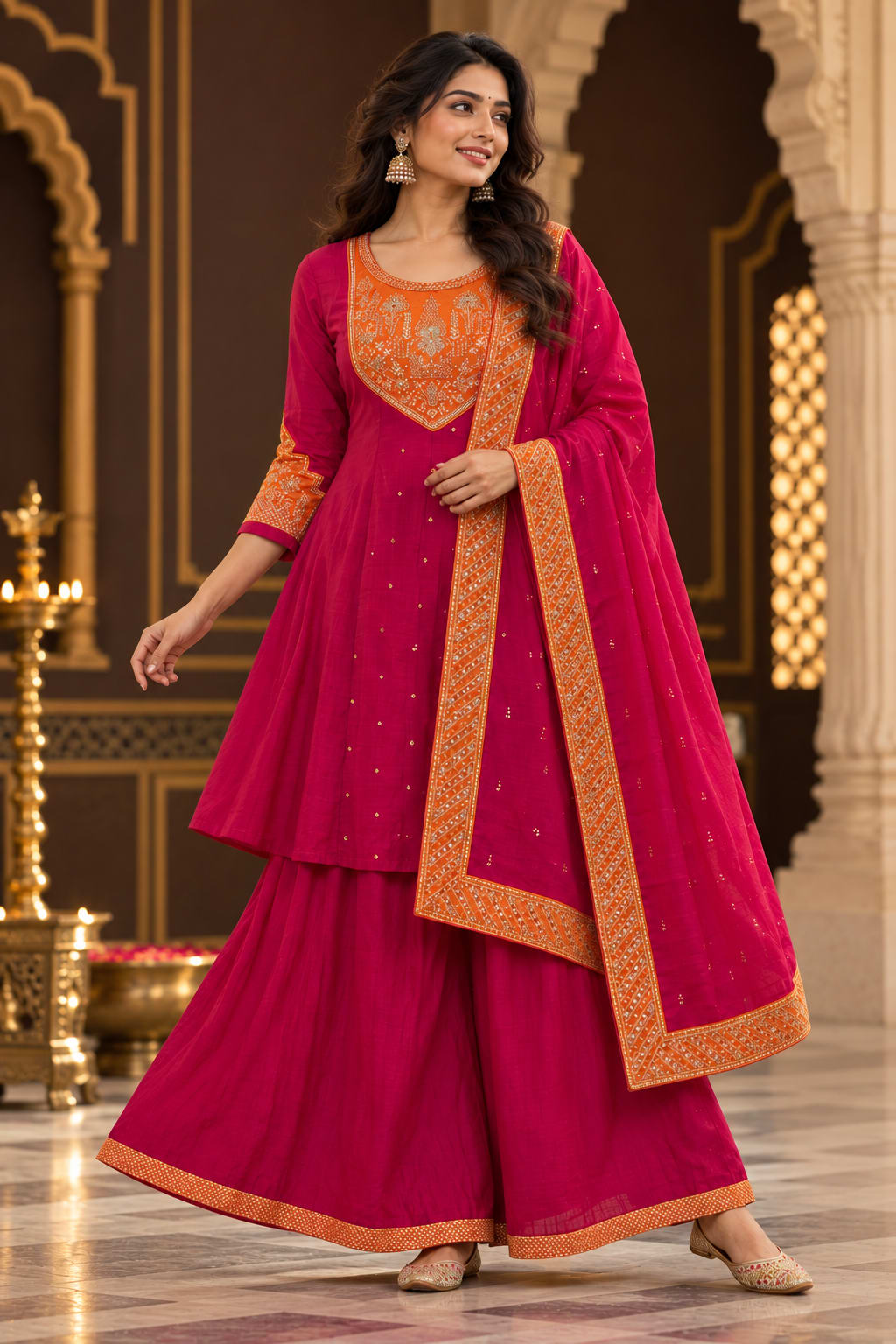 mokshe™ Aira | Pink & Orange Embroidered Anarkali Set