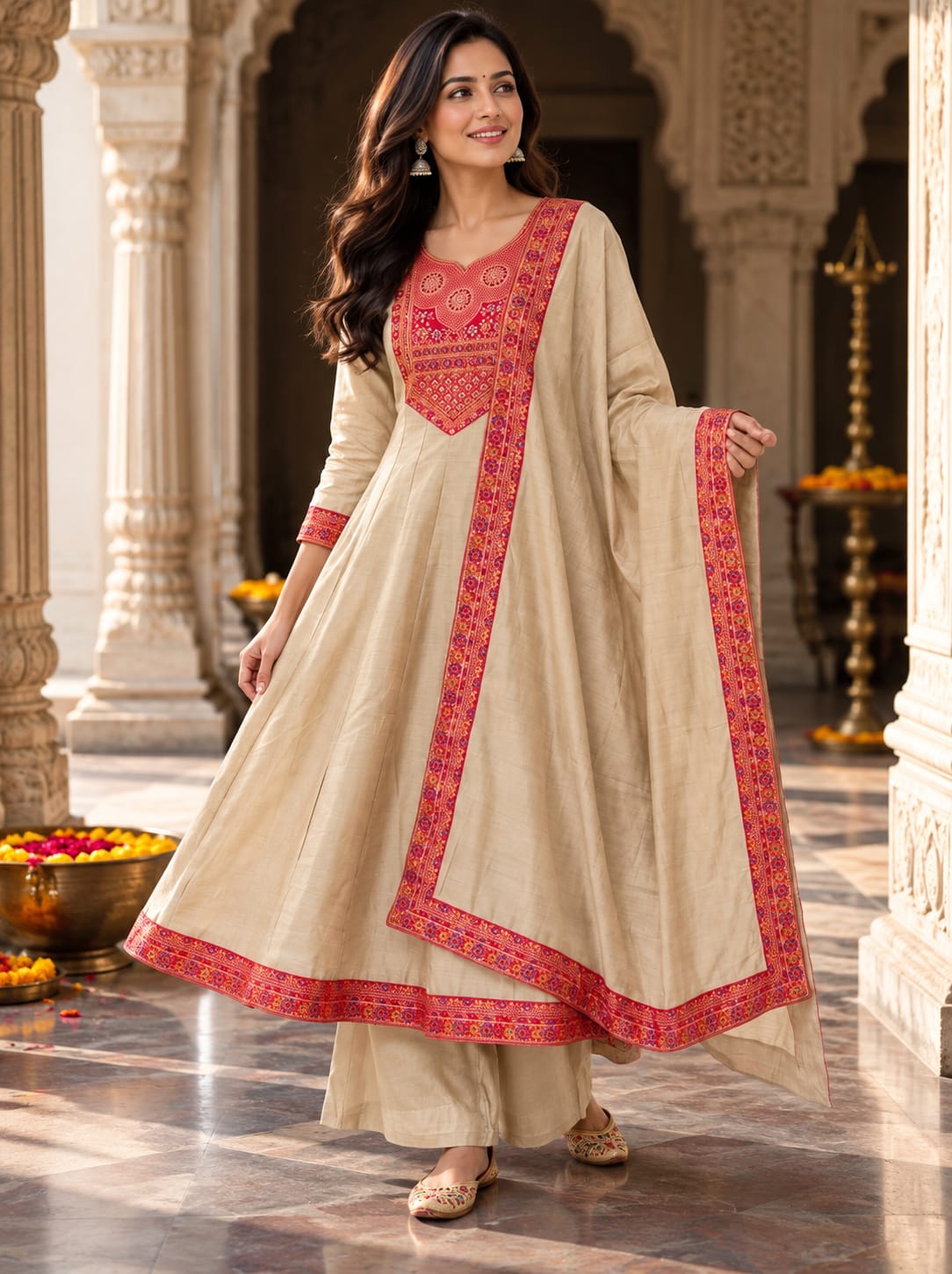 mokshe™ Aira | Beige & Red Embroidered Anarkali Set
