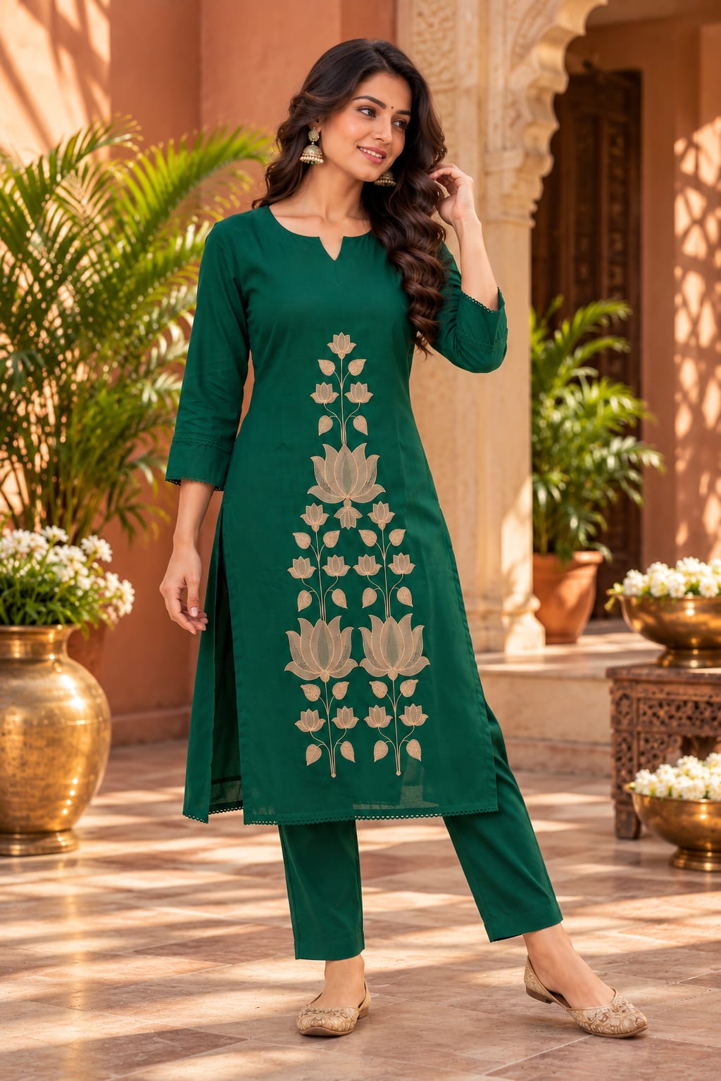 mokshe™ Aira | Bottle Green Kurtha Set