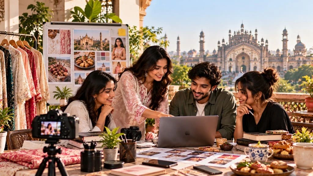 Content team filming a brand collaboration overlooking Bara Imambara in Lucknow