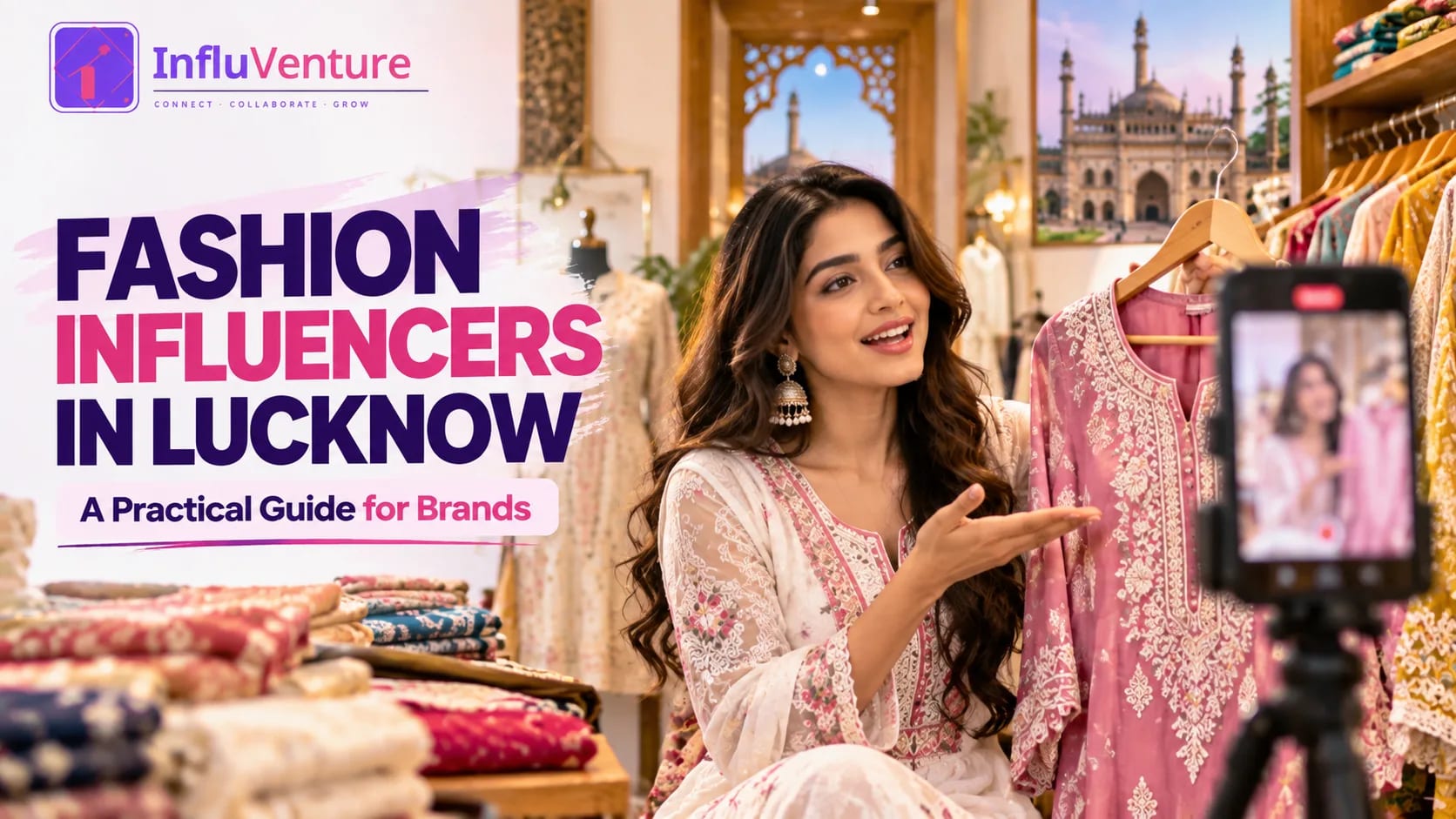 Fashion influencer promoting ethnic wear in a clothing boutique in Lucknow for brand marketing