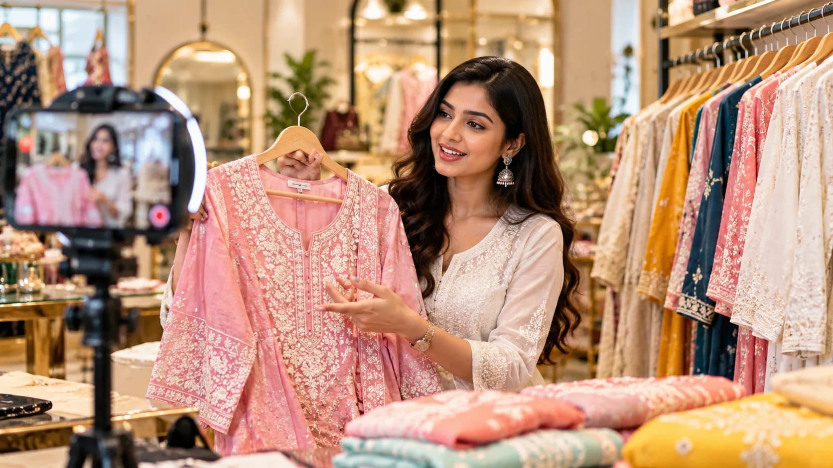 Fashion influencer showcasing chikankari ethnic wear in a boutique for brand promotion in Lucknow.