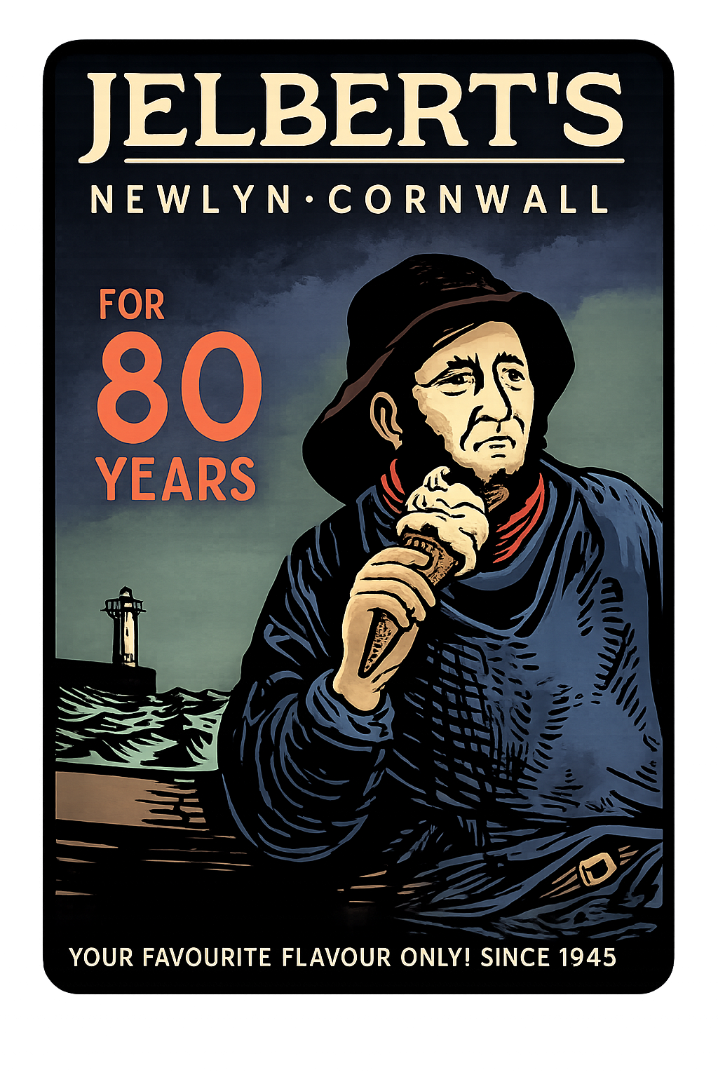 Jelbert's — For 80 Years. Newlyn, Cornwall. Artwork by Mike Banks.