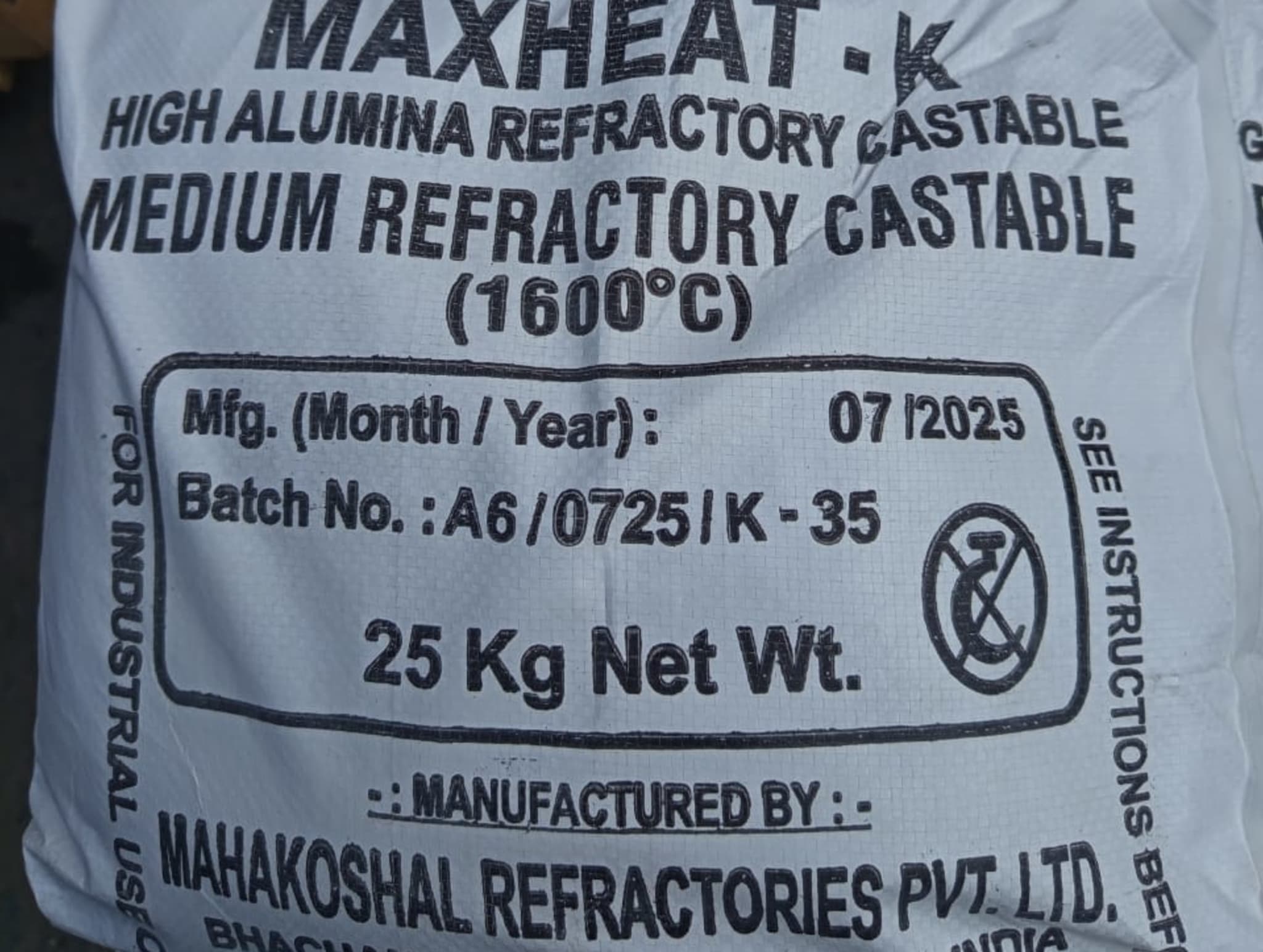 25 kg bag of Maxheat-K high alumina refractory castable supplied in Nairobi, Kenya