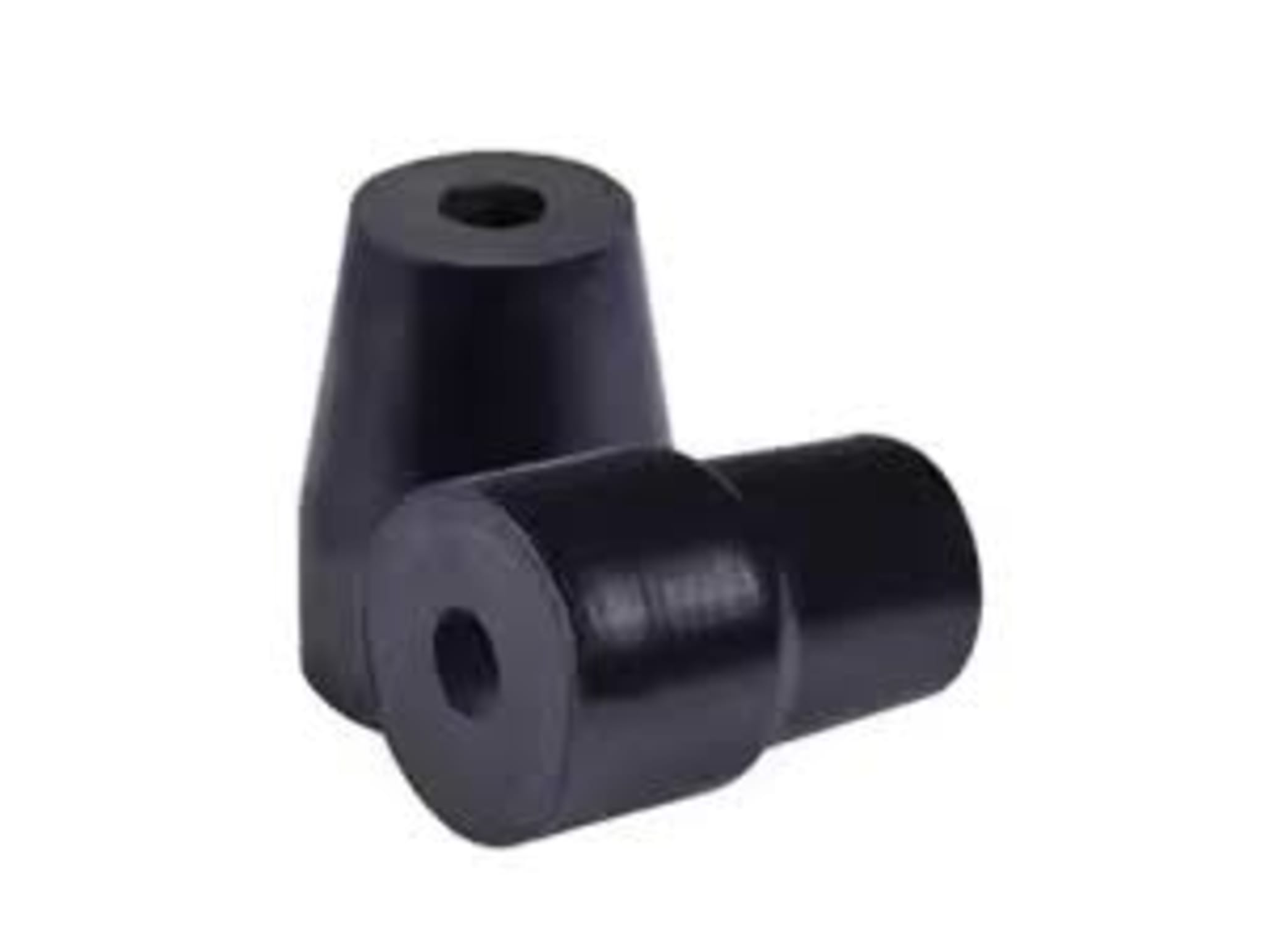 Rubber stopper plug — black elastomeric sealing material, shown from two angles