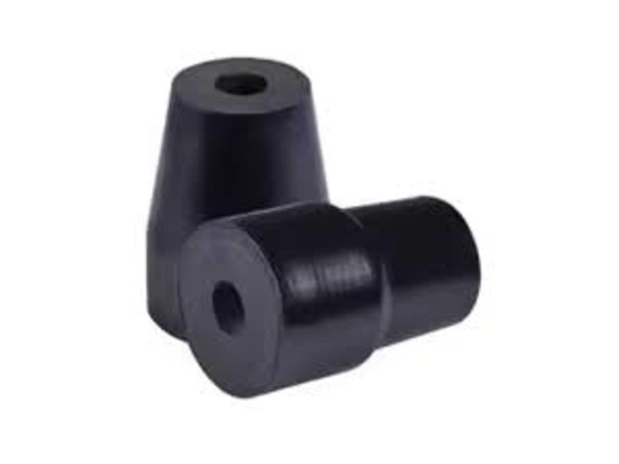 Rubber stopper plug — black elastomeric sealing material, shown from two angles