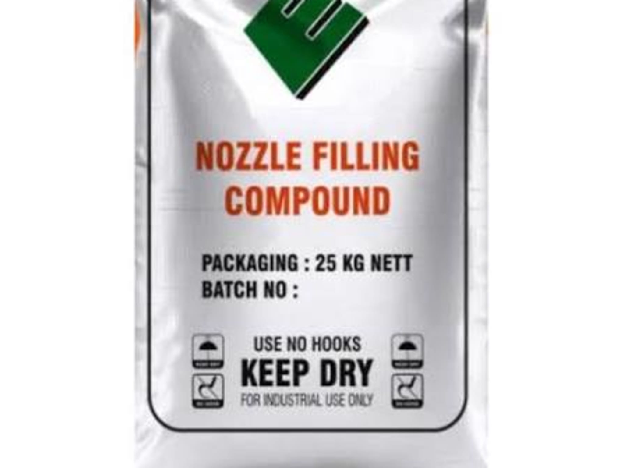 Nozzle filling compound bag - 25 kg net, shown for industrial use