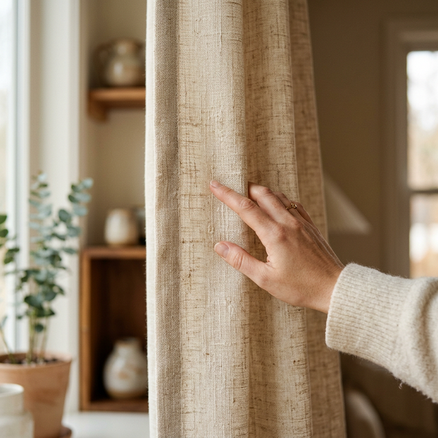 Artisan hands touching HavenDrapes linen-cotton fabric