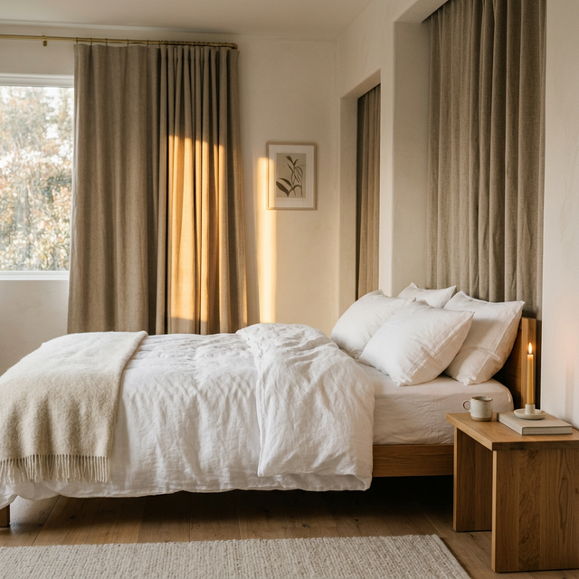 Serene bedroom with HavenDrapes custom blackout curtains at dawn