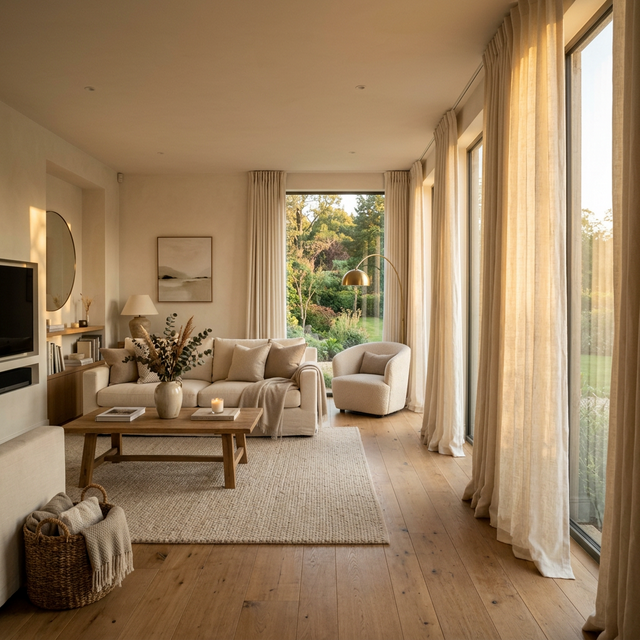 Luxurious ivory linen drapes in a sunlit living room — the essence of HavenDrapes