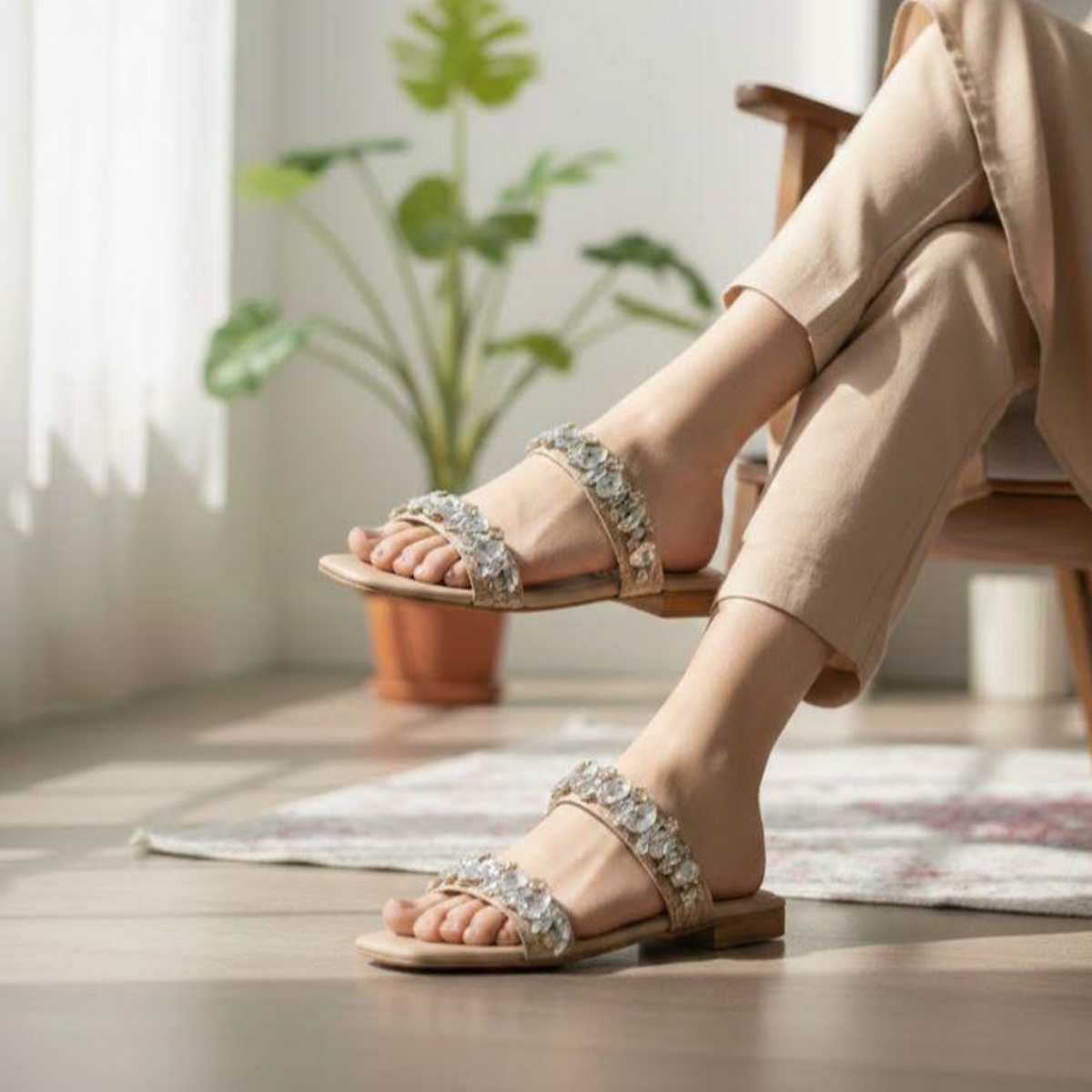 Elegant Embellished Double-Strap Flat Sandals for Women