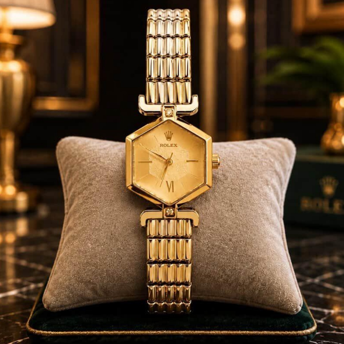 Luxury Women's Hexagonal Dial Watch - Premium Metallic Link Bracelet Wristwatch