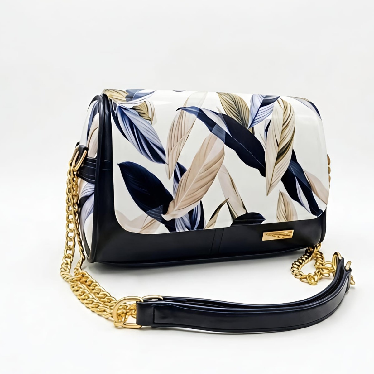 Elegant Tropical Leaf Print Shoulder Bag - Luxury Crossbody Purse with Gold Chain Strap