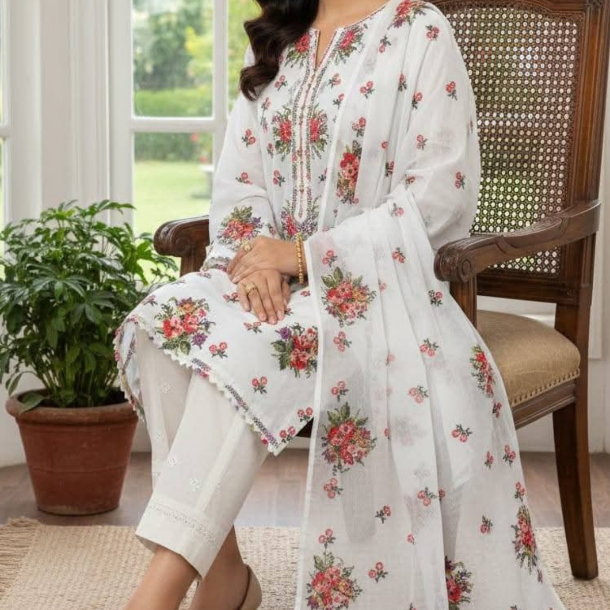 Premium Embroidered Cotton Lawn 3-Piece Suit with Chiffon Dupatta