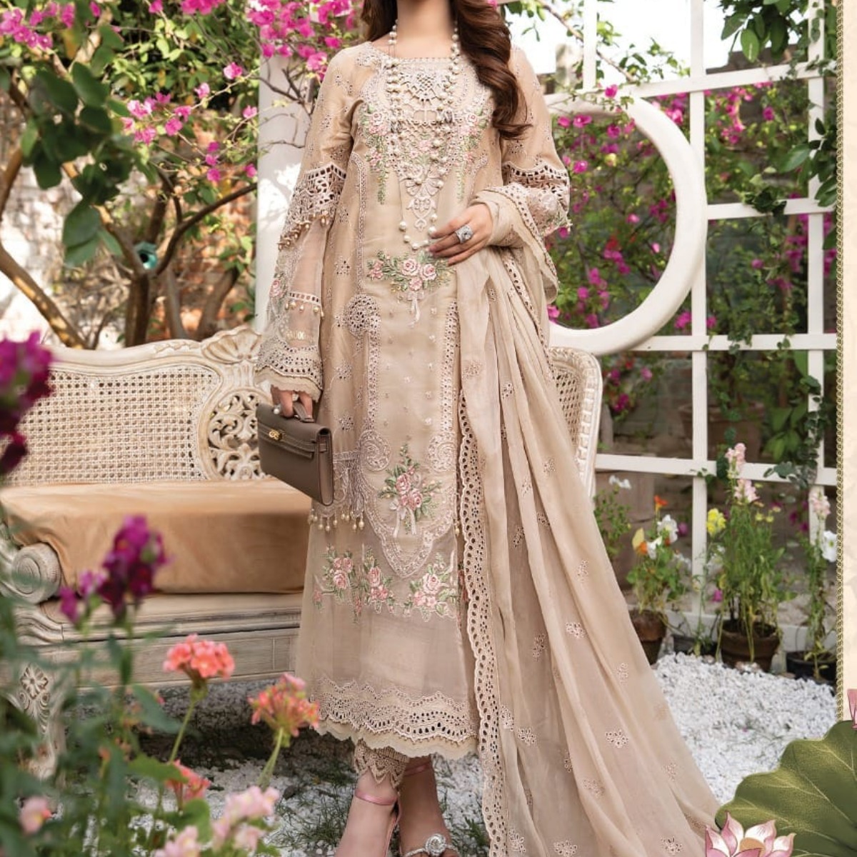 Beige Chikankari Chiffon 3-Piece Unstitched Suit with Cutwork Dupatta