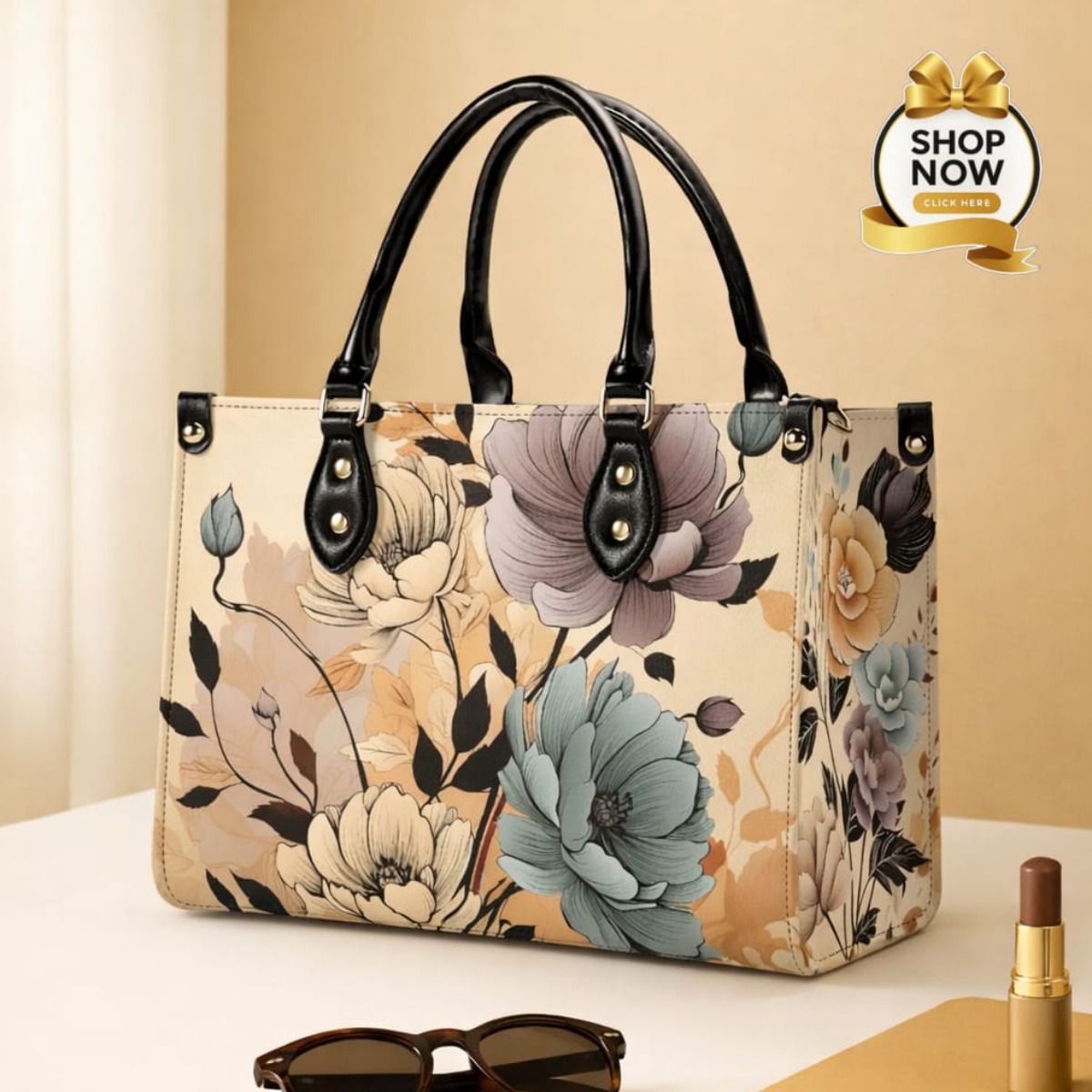 Floral Printed Canvas Shoulder Tote Bag with Black Handles