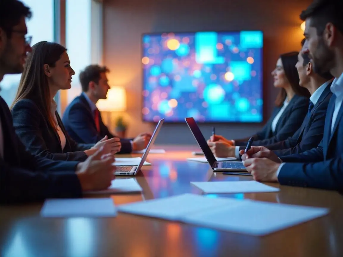 Team members collaborating anonymously at a meeting table with documents and tablets, symbolizing strategic partnership.