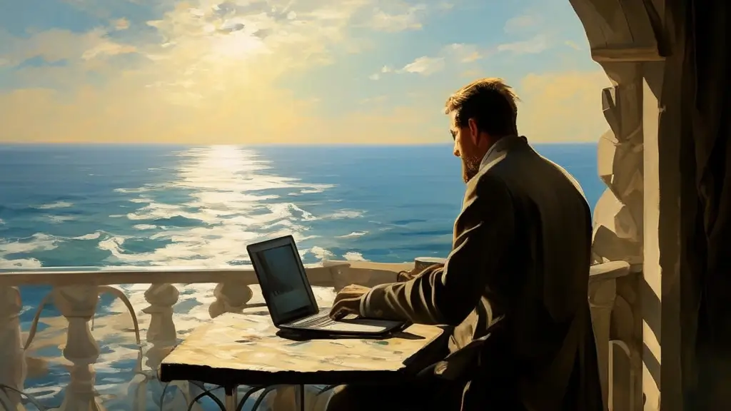 Digital nomad working on a laptop on a balcony overlooking the ocean in Portugal