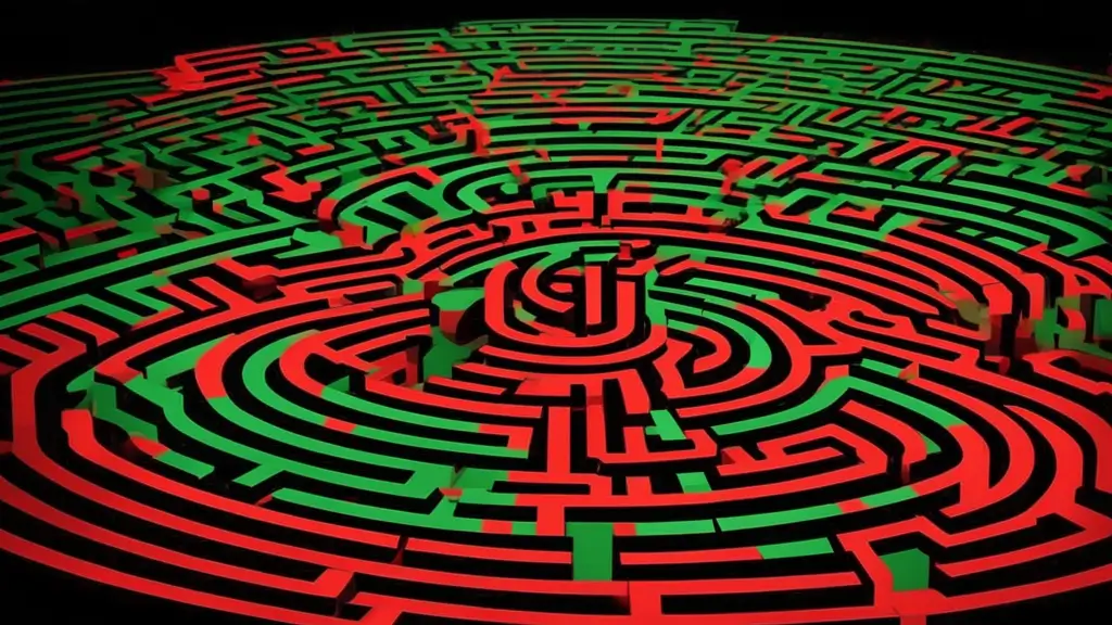 Abstract maze in red and green, symbolizing the complex and high-risk strategic pathways for Portugal's IFICI (NHR 2.0) regime with critical success (green) and failure (red) points.