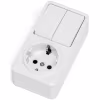 Witte opbouw wandcontactdoos met dubbele wisselschakelaar en enkelvoudig geaard stopcontact Witte opbouw wandcontactdoos met dubbele wisselschakelaar en enkelvoudig geaard stopcontact