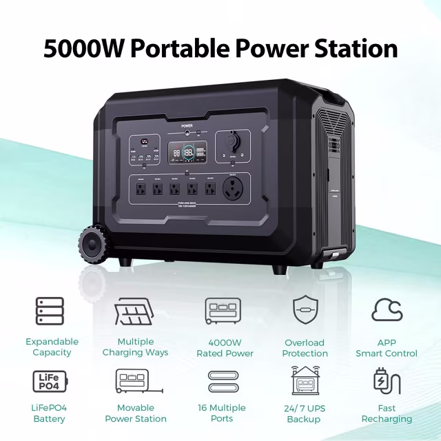 Robuuste mobiele stroomcentrale S5 met 5000W vermogen en 5040Wh capaciteit in zwarte behuizing Robuuste mobiele stroomcentrale S5 met 5000W vermogen en 5040Wh capaciteit in zwarte behuizing