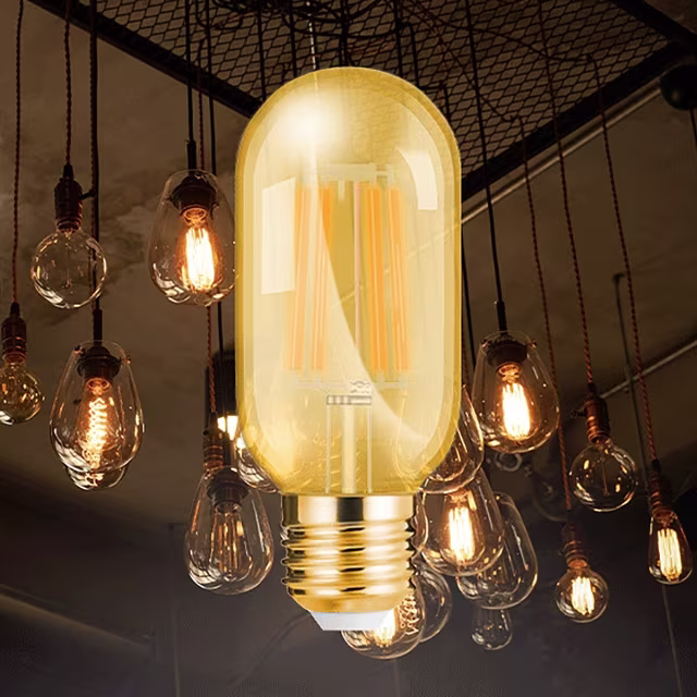 Amberkleurige T45 LED buis filament lamp met E27 fitting, 4W, 2200K warm licht, 360 lumen Amberkleurige T45 LED buis filament lamp met E27 fitting, 4W, 2200K warm licht, 360 lumen