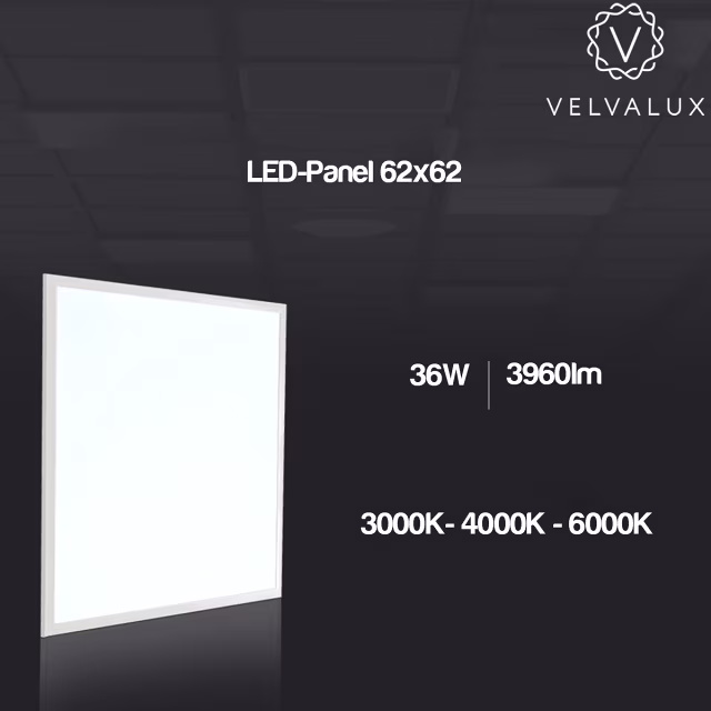Zes vierkante inbouw LED panelen 62x62 cm 36W warm wit 3000K met hoge lichtopbrengst 3960 lumen Zes vierkante inbouw LED panelen 62x62 cm 36W warm wit 3000K met hoge lichtopbrengst 3960 lumen