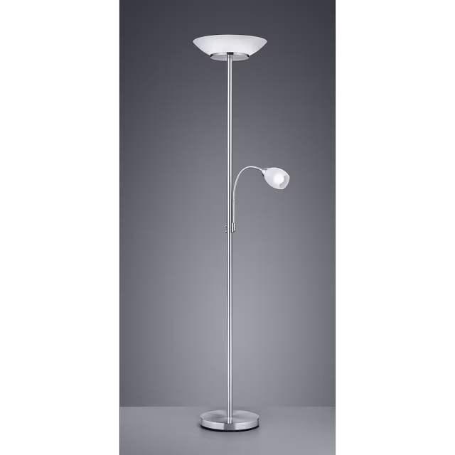 ronde LED vloerlamp in mat nikkel en aluminium met E27 fitting en maximaal 18W vermogen ronde LED vloerlamp in mat nikkel en aluminium met E27 fitting en maximaal 18W vermogen