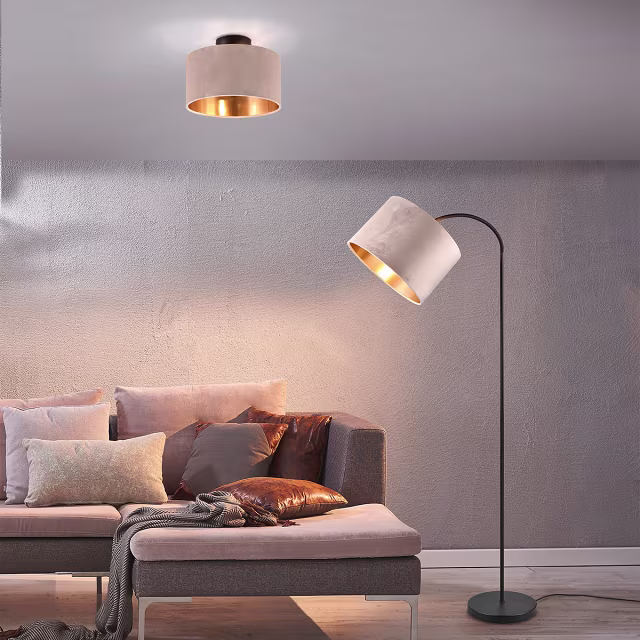 Beige verstelbare LED vloerlamp met textielen kap en E27 fitting tot 60W