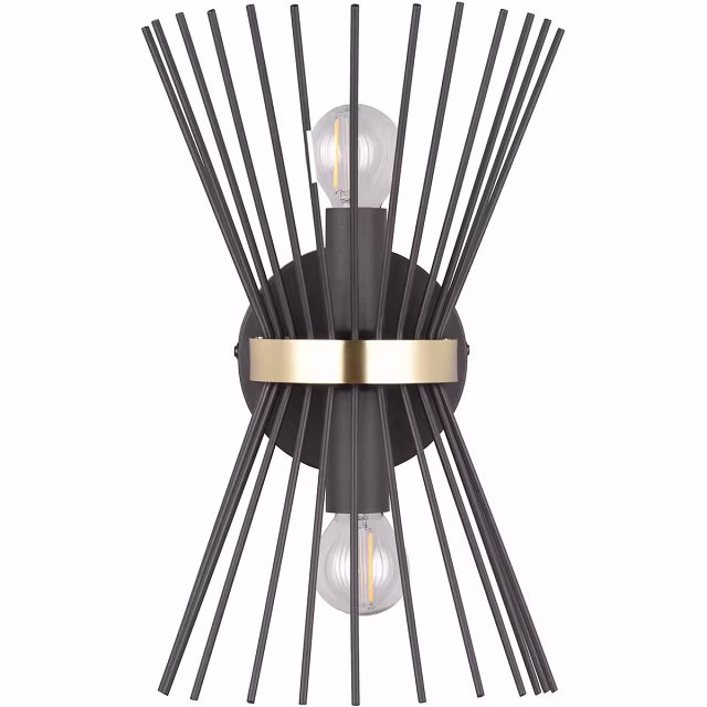 Ronde LED wandlamp met 2 lichtpunten, zwart-gouden afwerking en E14 fitting tot 40W, modern design Ronde LED wandlamp met 2 lichtpunten, zwart-gouden afwerking en E14 fitting tot 40W, modern design