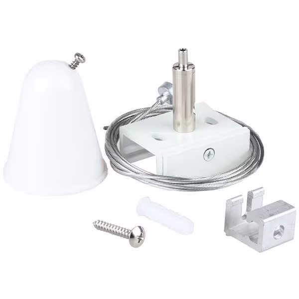 Twee witte spanningsrail ophangsets van 1 meter voor 3-fase LED en vloerlampen in modern interieur Twee witte spanningsrail ophangsets van 1 meter voor 3-fase LED en vloerlampen in modern interieur