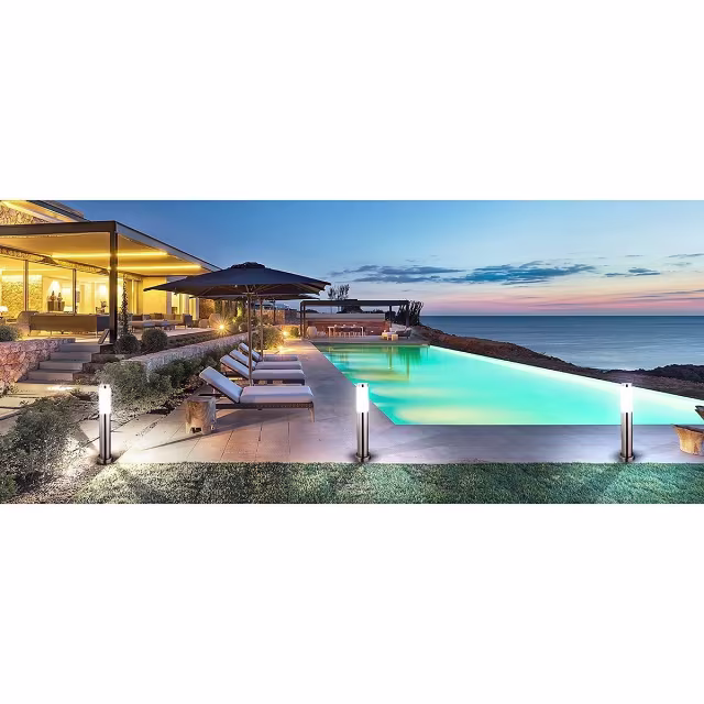 Ronde staande buitenlamp van RVS met E27 fitting en chroomkleurige LED verlichting tot 60W Ronde staande buitenlamp van RVS met E27 fitting en chroomkleurige LED verlichting tot 60W