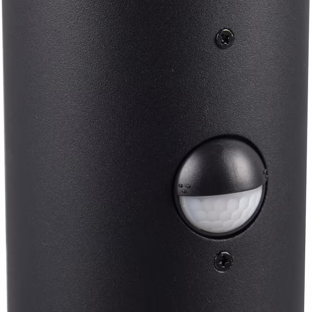 Ronde staande buitenlamp van mat zwart aluminium met E27 fitting en bewegingssensor Ronde staande buitenlamp van mat zwart aluminium met E27 fitting en bewegingssensor