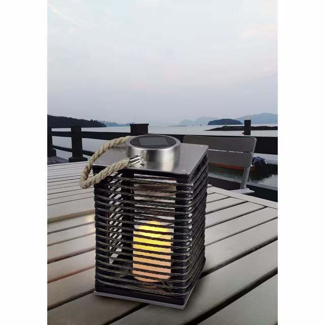 Ronde mat zwarte LED tafellamp met zonne-energie en dag-nachtsensor, spatwaterdicht IP44 Ronde mat zwarte LED tafellamp met zonne-energie en dag-nachtsensor, spatwaterdicht IP44