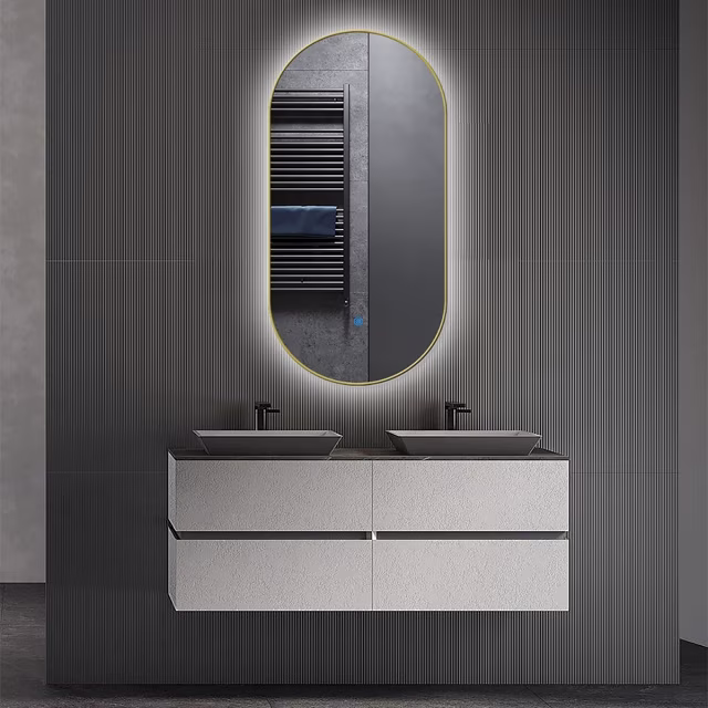 Rechthoekige badkamerspiegel 50x100cm met gouden frame, LED-verlichting, dimfunctie en verwarming Rechthoekige badkamerspiegel 50x100cm met gouden frame, LED-verlichting, dimfunctie en verwarming