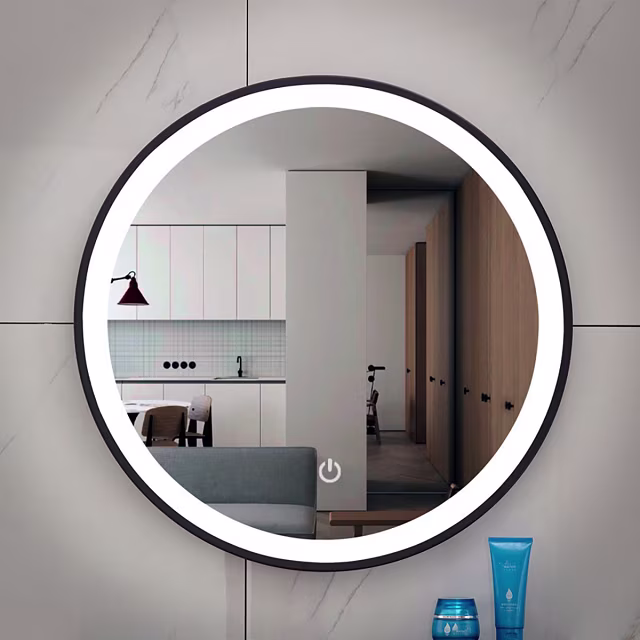 Ronde LED spiegel 60cm met dimbare touchbediening en mat zwart aluminium frame Ronde LED spiegel 60cm met dimbare touchbediening en mat zwart aluminium frame