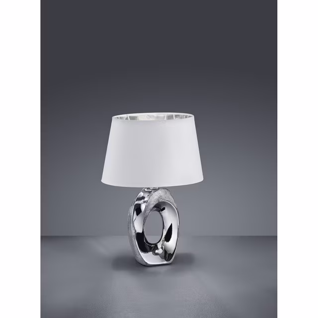 Ronde matzilver keramieken LED tafellamp met E14 fitting en maximaal 40W vermogen Ronde matzilver keramieken LED tafellamp met E14 fitting en maximaal 40W vermogen