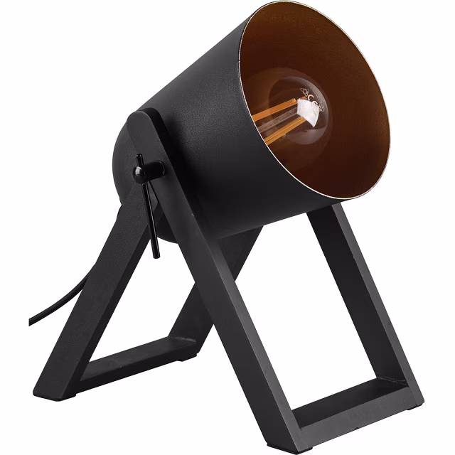 Ronde LED tafellamp met E27 fitting in mat zwart en goudkleurig hout tot 25W vermogen Ronde LED tafellamp met E27 fitting in mat zwart en goudkleurig hout tot 25W vermogen