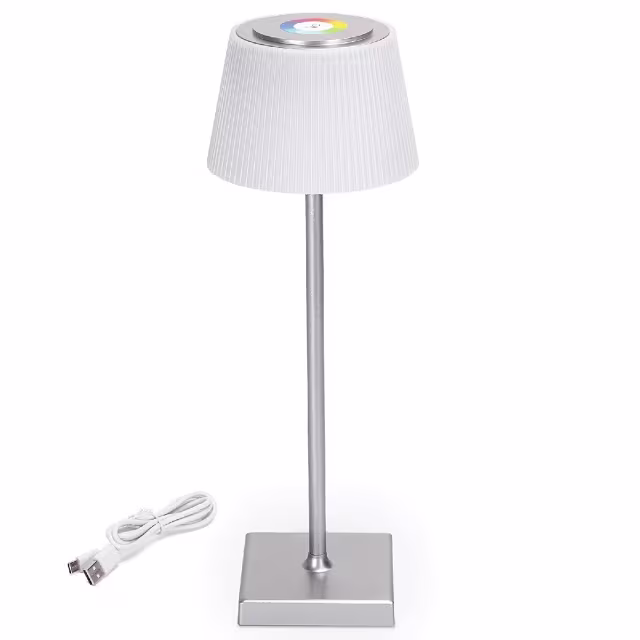 Dimbare zilveren LED tafellamp zonder fitting met USB oplaadfunctie en RGB touchbediening Dimbare zilveren LED tafellamp zonder fitting met USB oplaadfunctie en RGB touchbediening